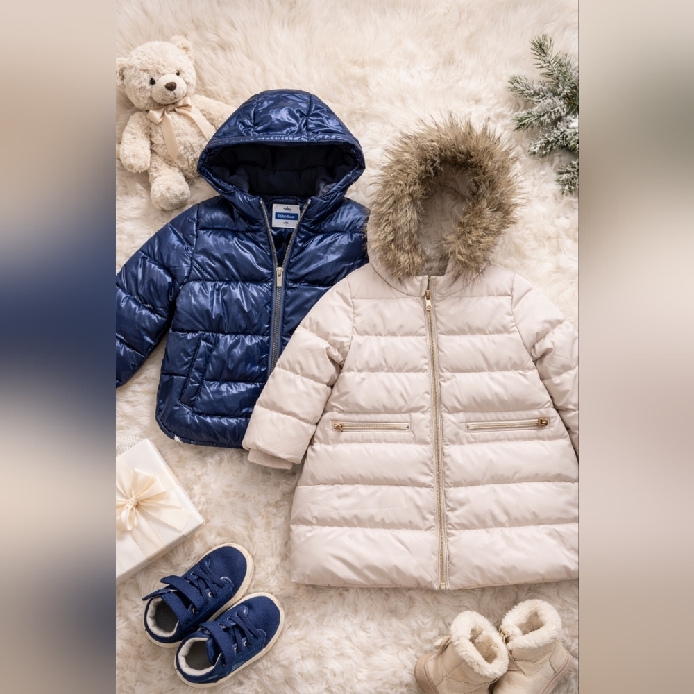 Okaïdi Navy Puffer + Beige Fur Trim Coat – Warm Winter Set 2–3Y